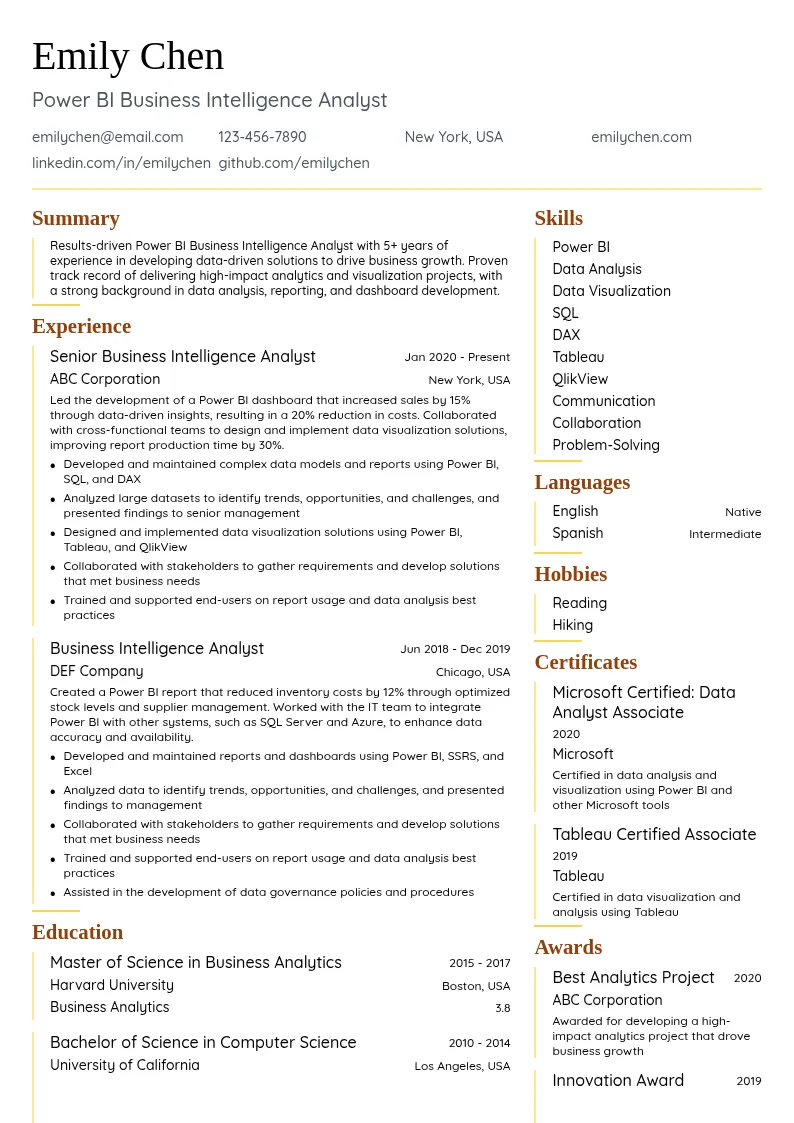 Power BI Business Intelligence Analyst resume example