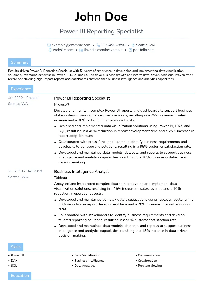 Power BI Reporting Specialist resume example