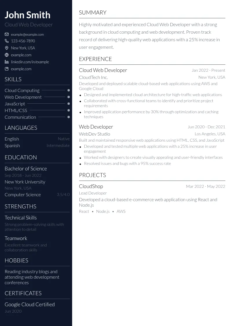 Cloud Web Developer resume example