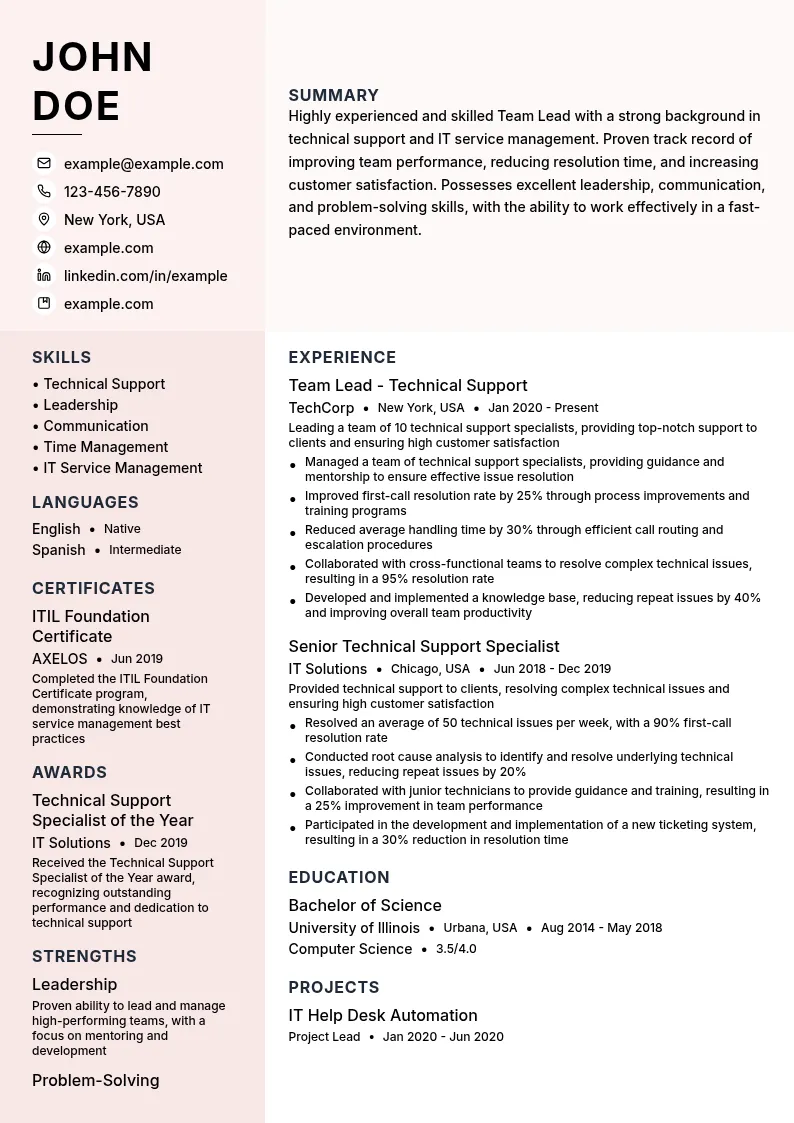 Team Lead - Technical Support resume example