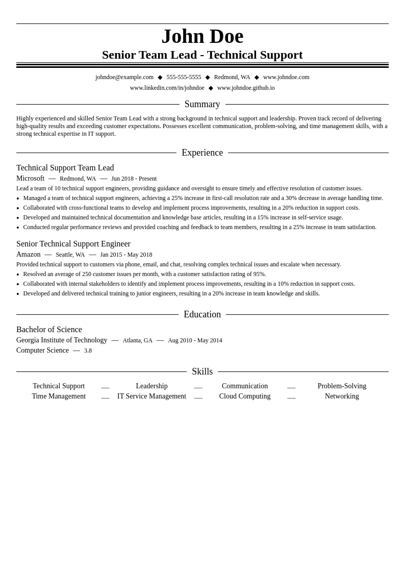 Senior Team Lead - Technical Support resume example