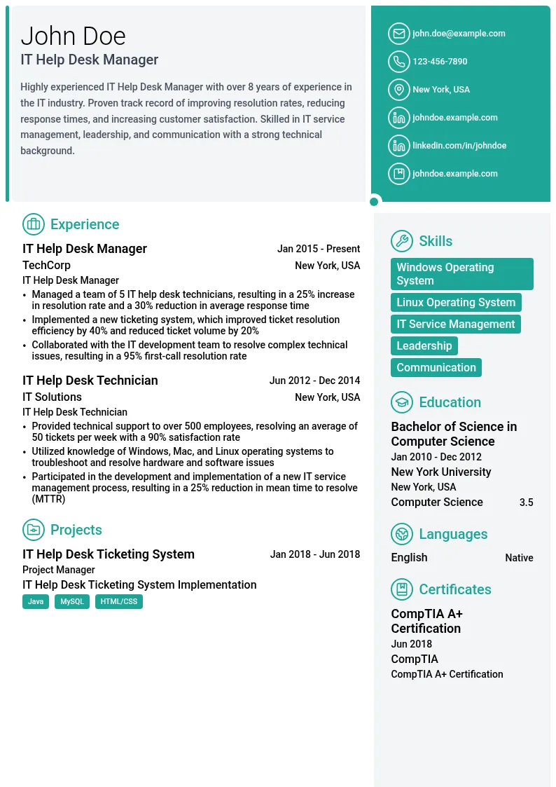 IT Help Desk Manager resume example