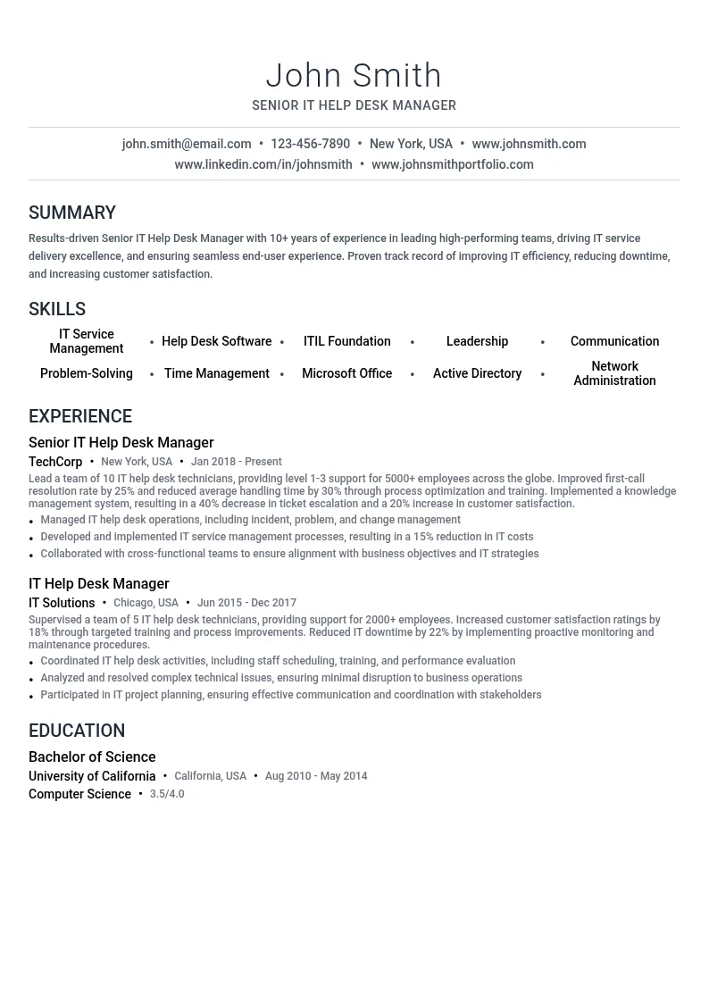Senior IT Help Desk Manager resume example
