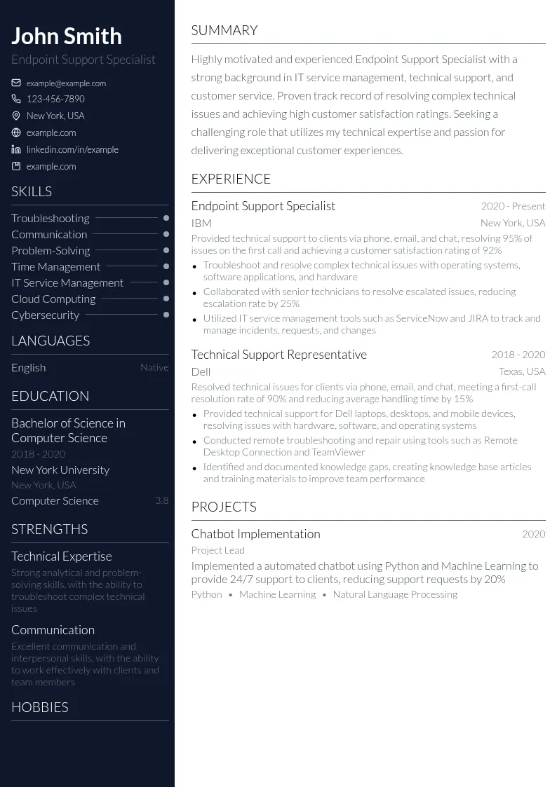 Endpoint Support Specialist resume example