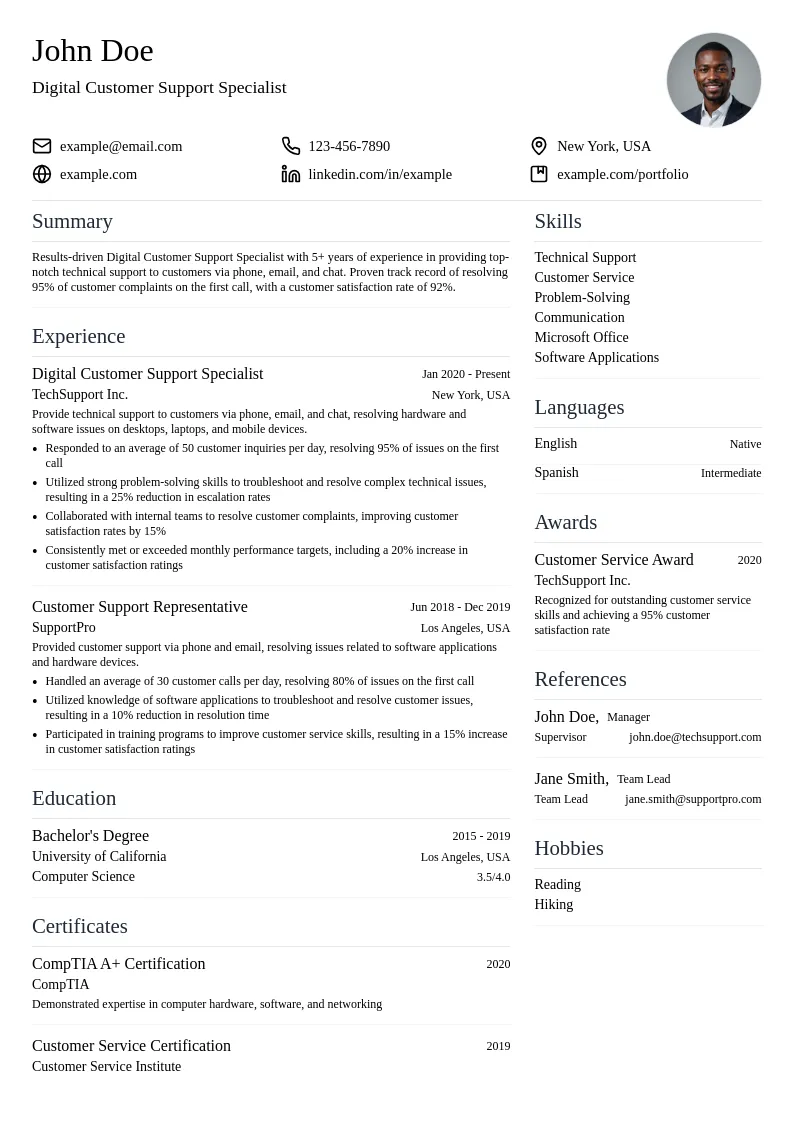 Digital Customer Support Specialist resume example