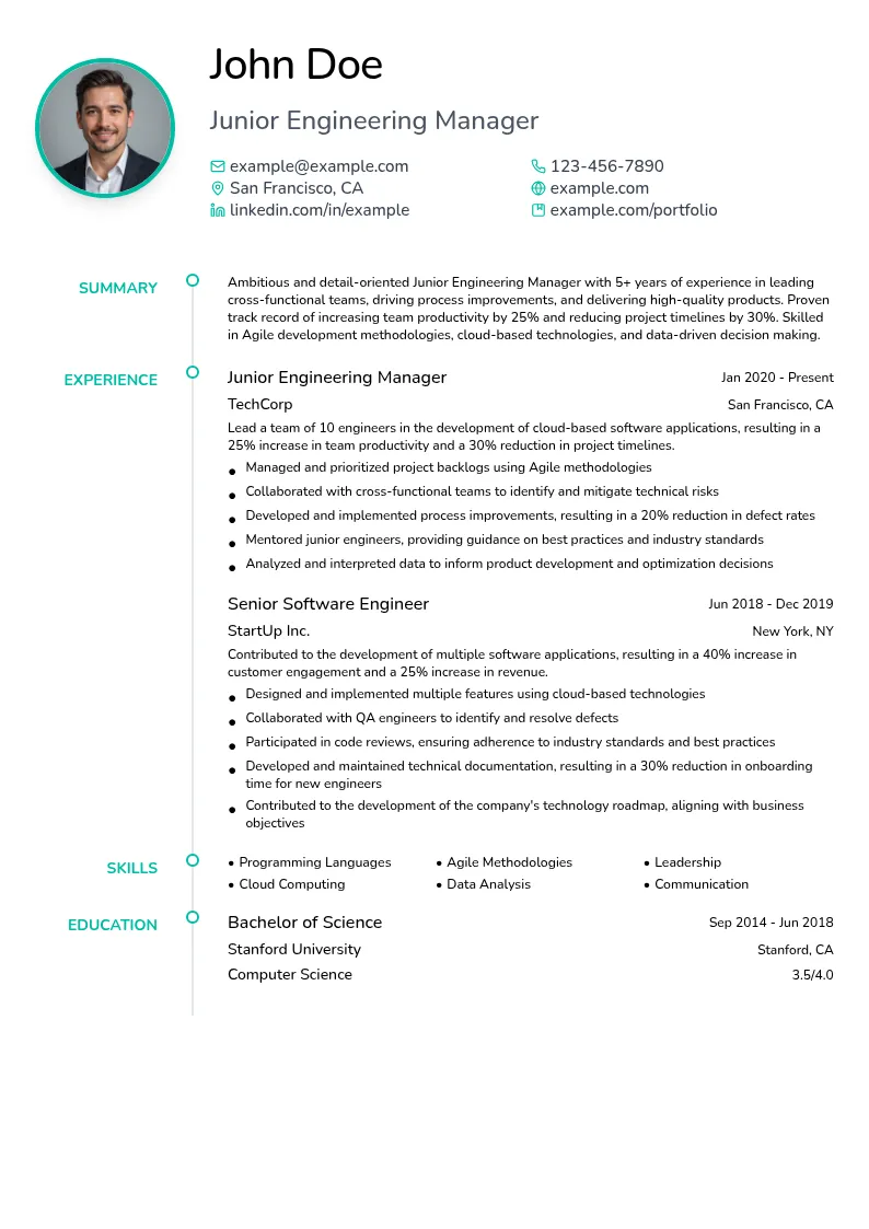 Junior Engineering Manager resume example