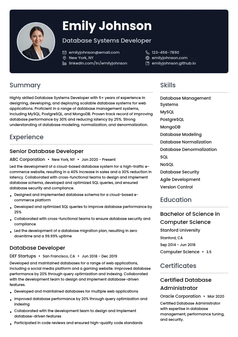 Database Systems Developer resume example
