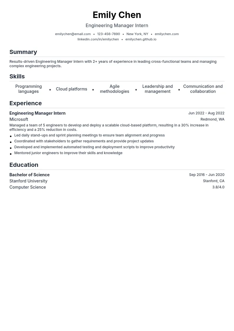 Engineering Manager Intern resume example