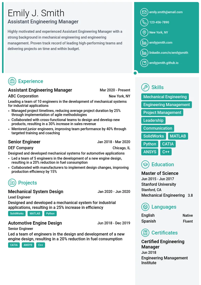 Assistant Engineering Manager resume example