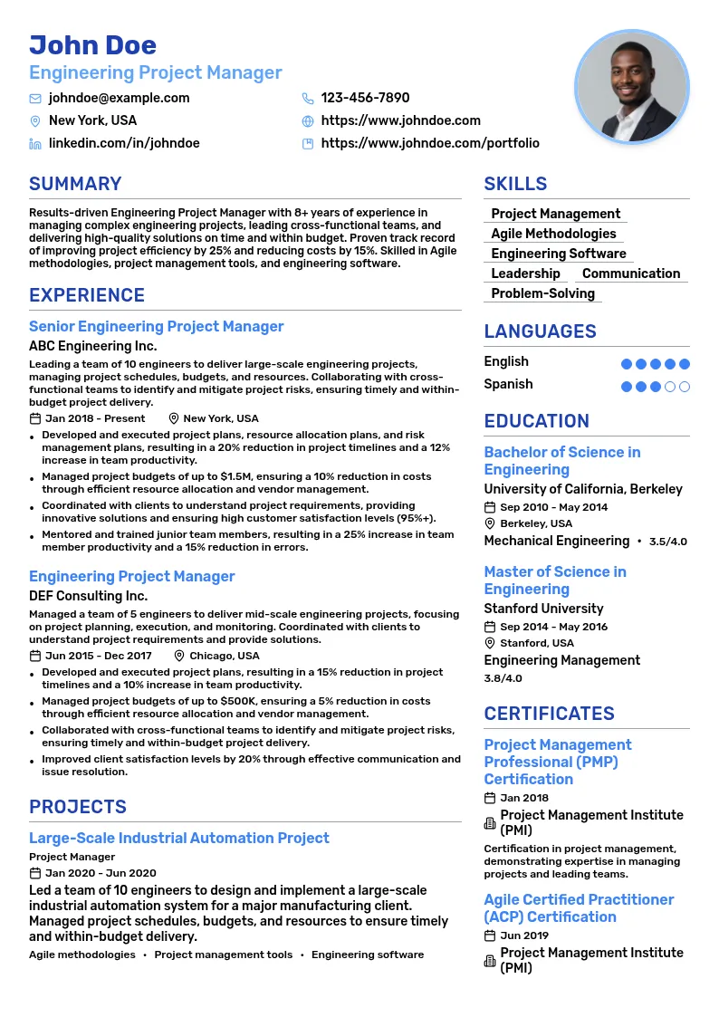 Engineering Project Manager resume example