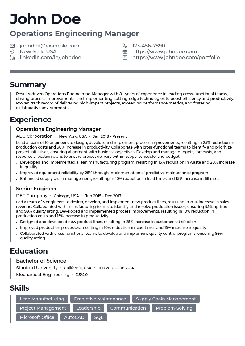 Operations Engineering Manager resume example