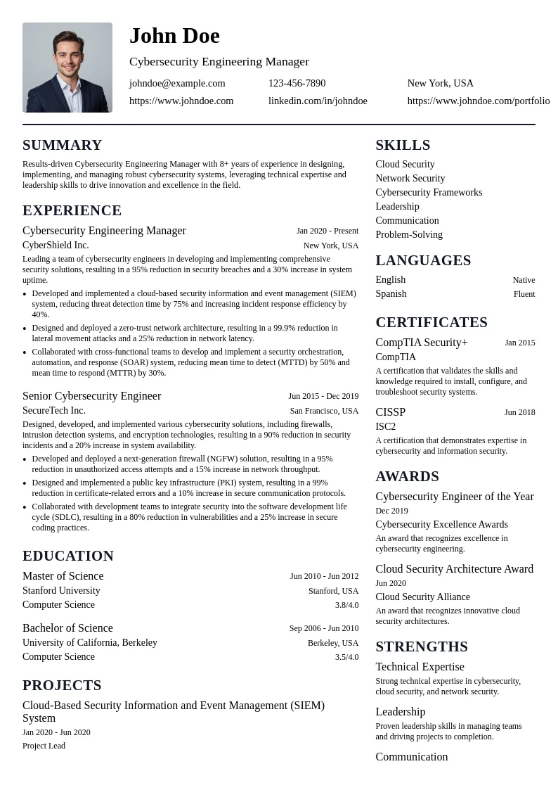 Cybersecurity Engineering Manager resume example