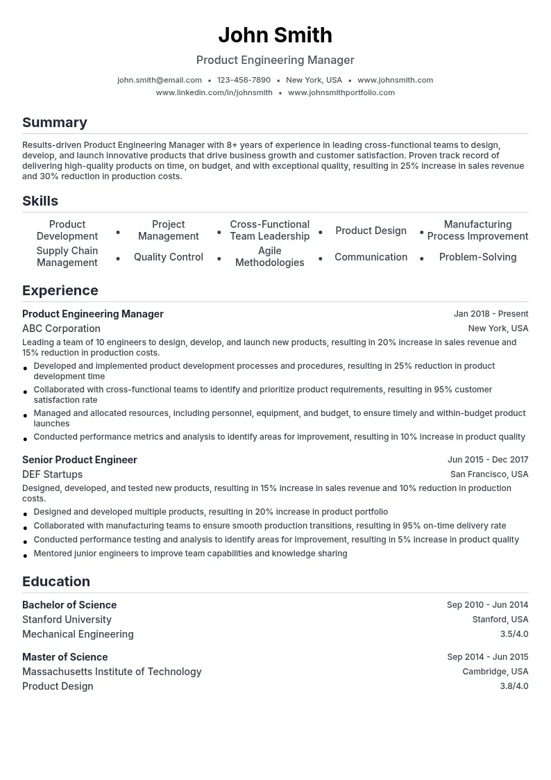 Product Engineering Manager resume example