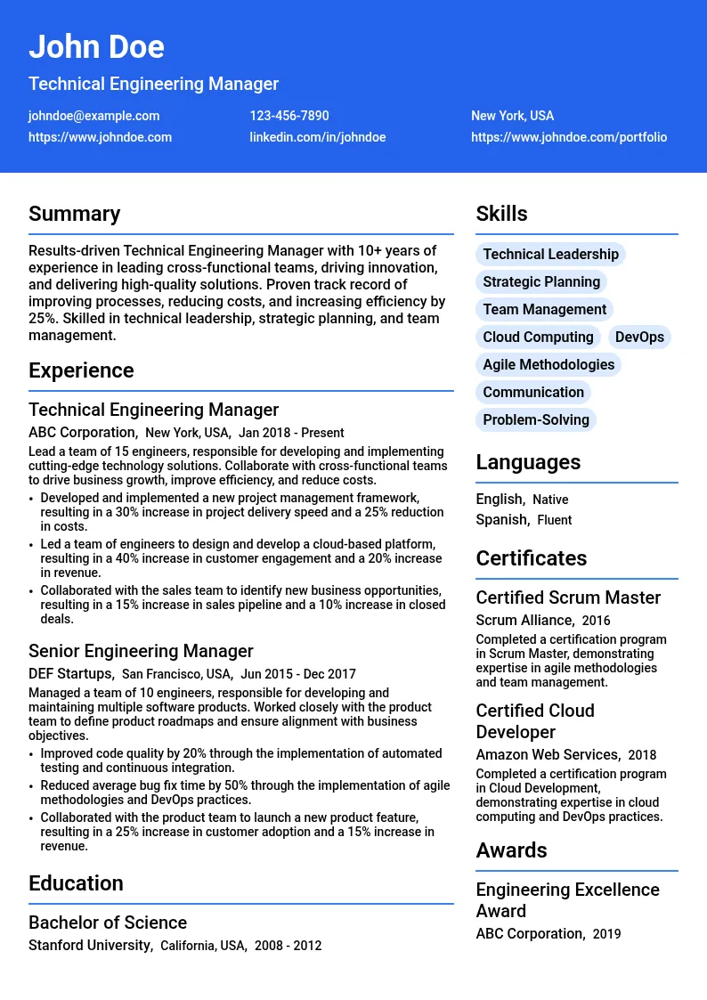 Technical Engineering Manager resume example