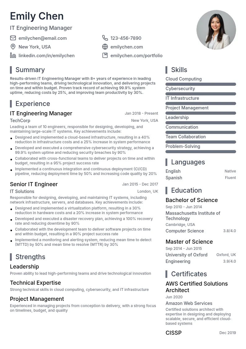 IT Engineering Manager resume example