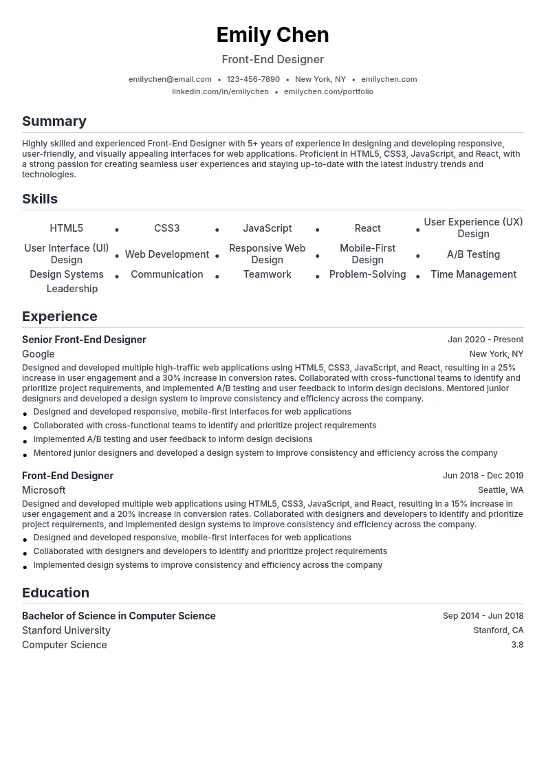 Front-End Designer resume example