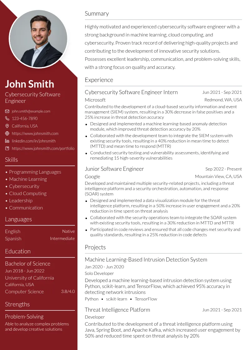 Cybersecurity Software Engineer resume example