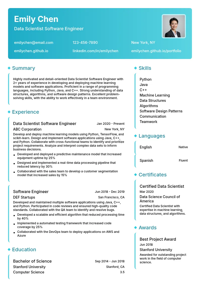 Data Scientist Software Engineer resume example