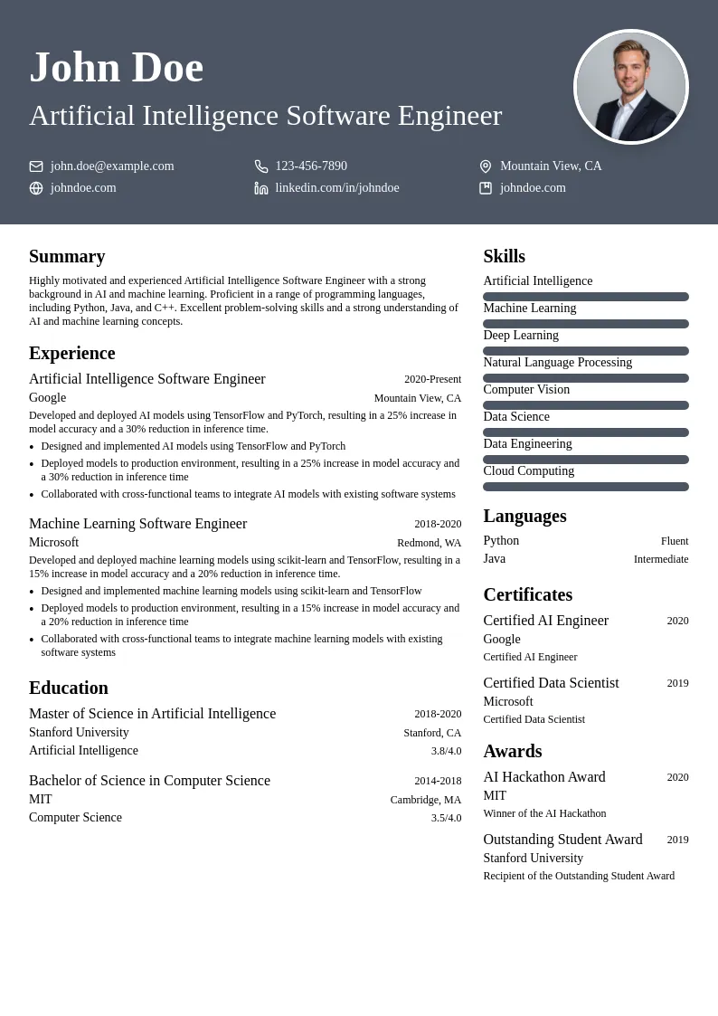 Artificial Intelligence Software Engineer resume example