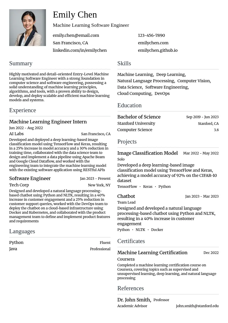 Machine Learning Software Engineer resume example
