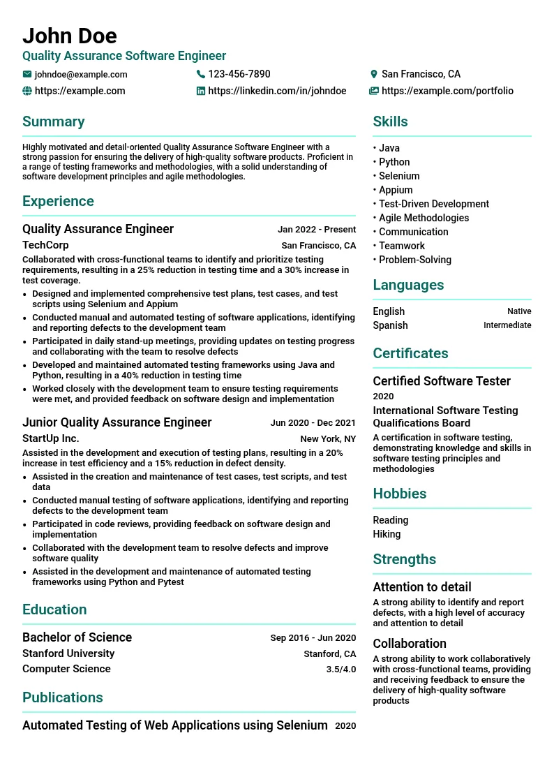 Quality Assurance Software Engineer resume example