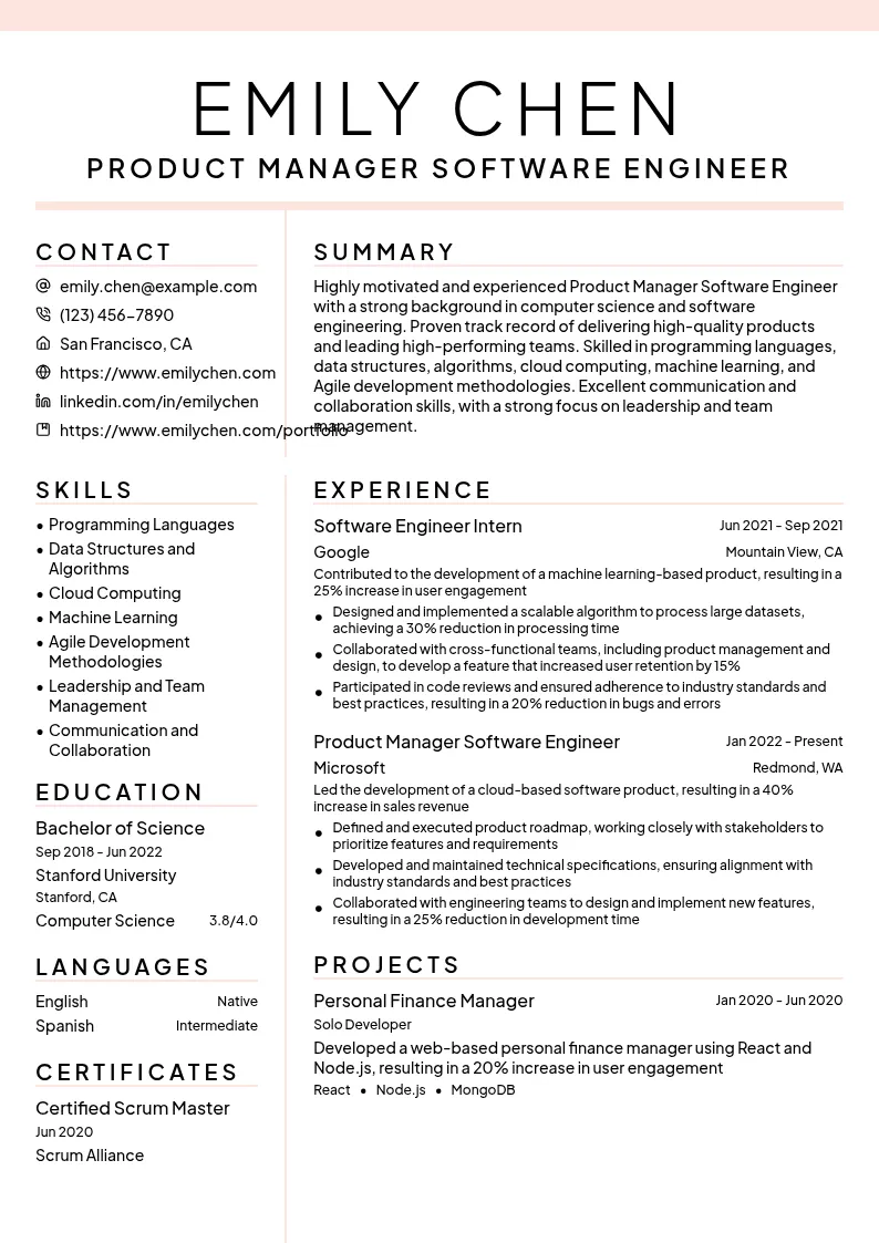 Product Manager Software Engineer resume example