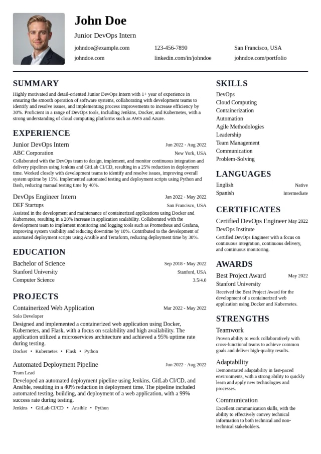 Junior DevOps Intern resume example