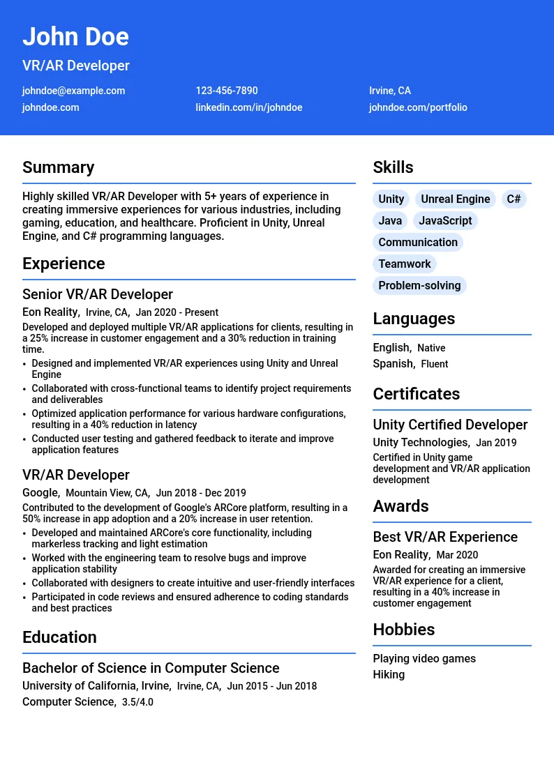 VR/AR Developer resume example