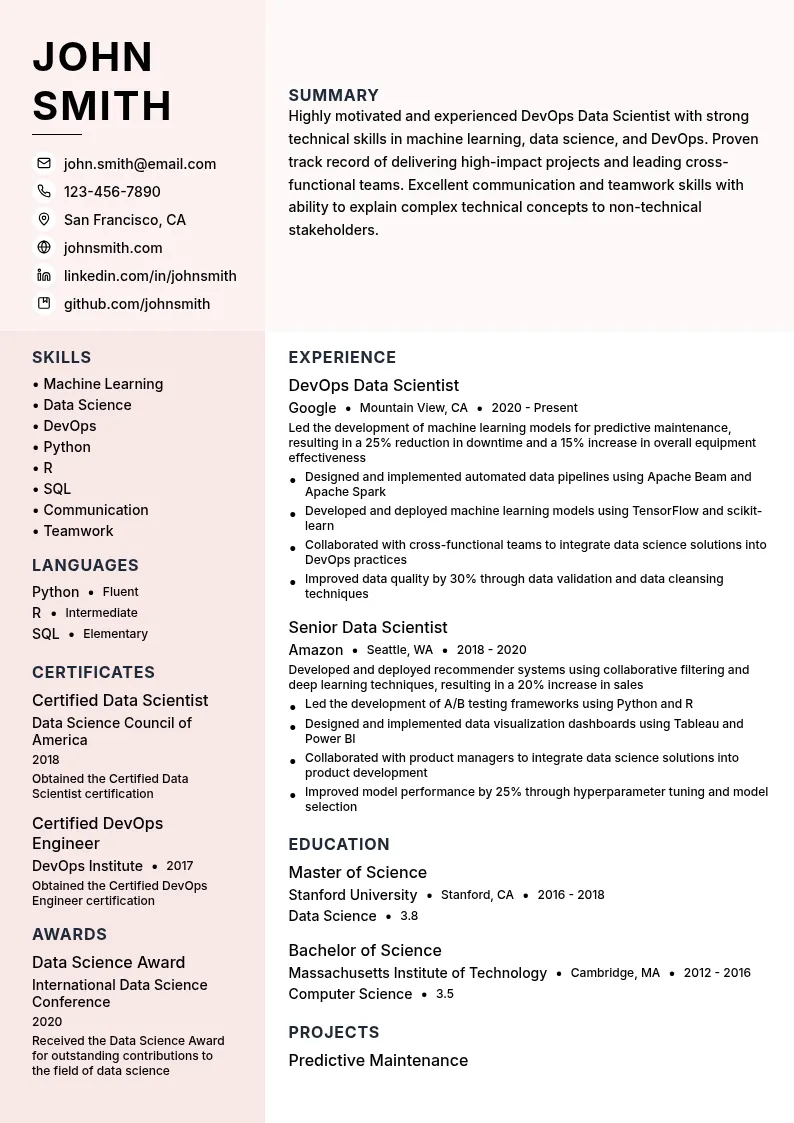 DevOps Data Scientist resume example