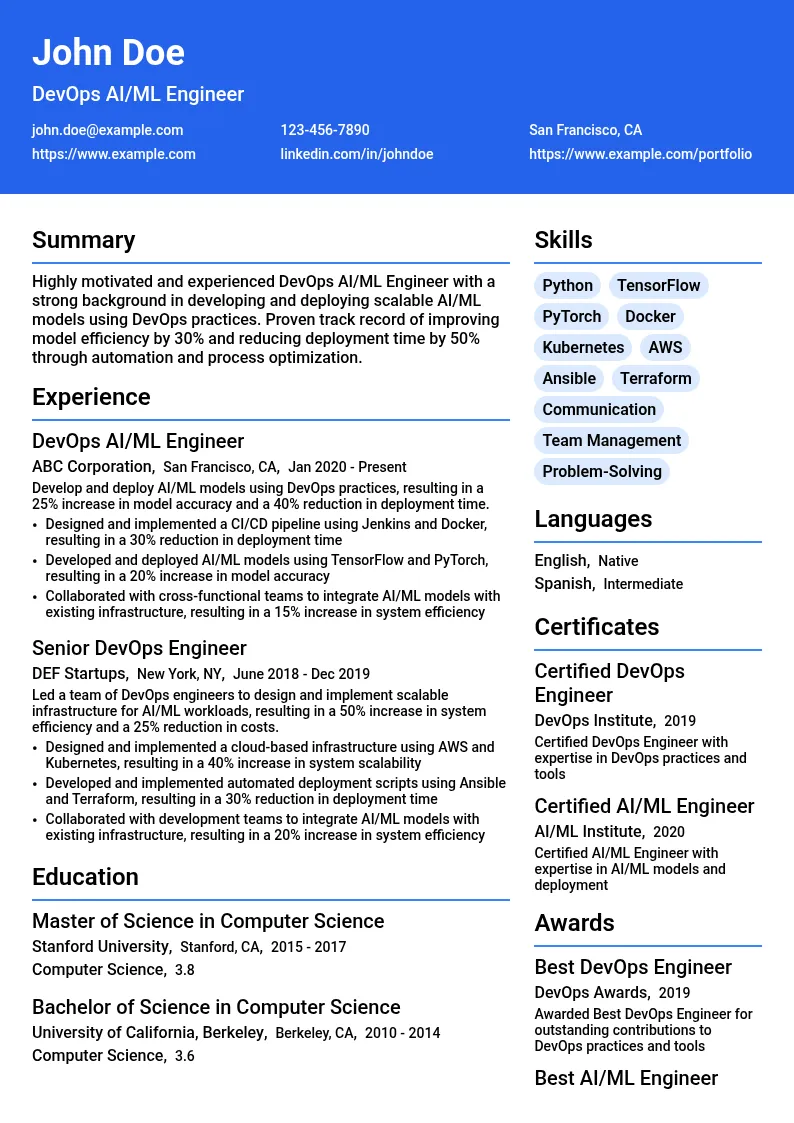 DevOps AI/ML Engineer resume example