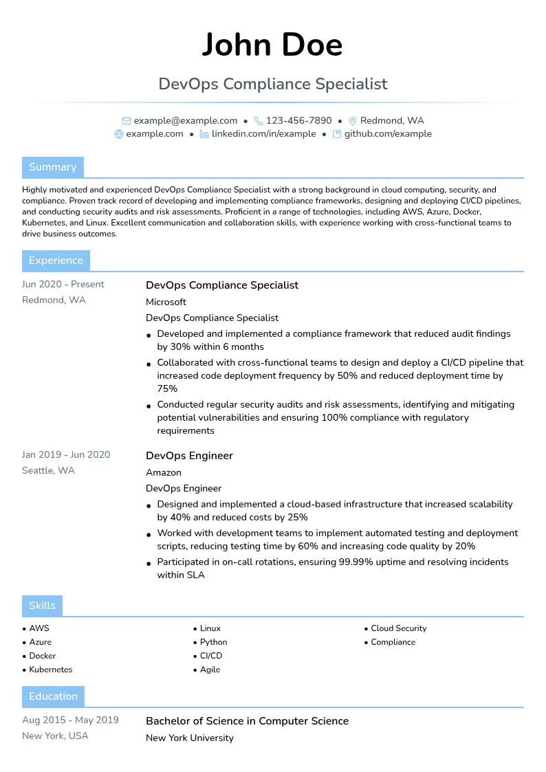 DevOps Compliance Specialist resume example