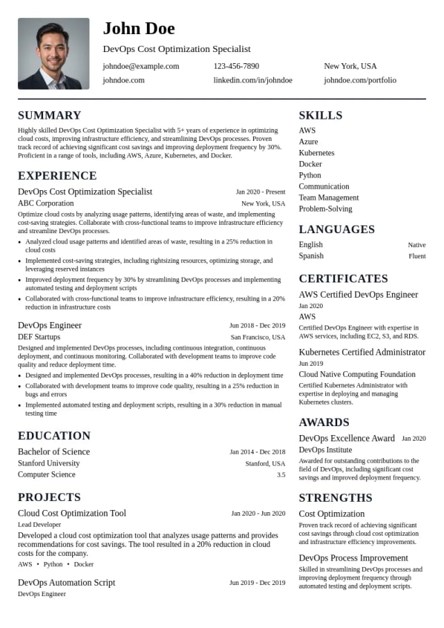 DevOps Cost Optimization Specialist resume example