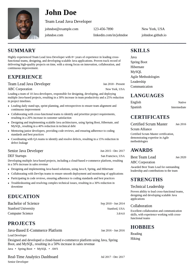 Team Lead Java Developer resume example