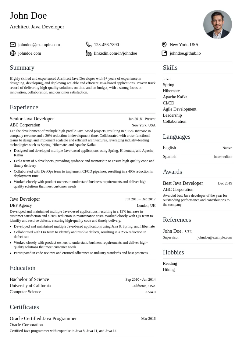 Architect Java Developer resume example