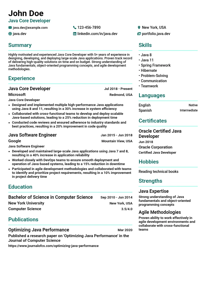 Java Core Developer resume example