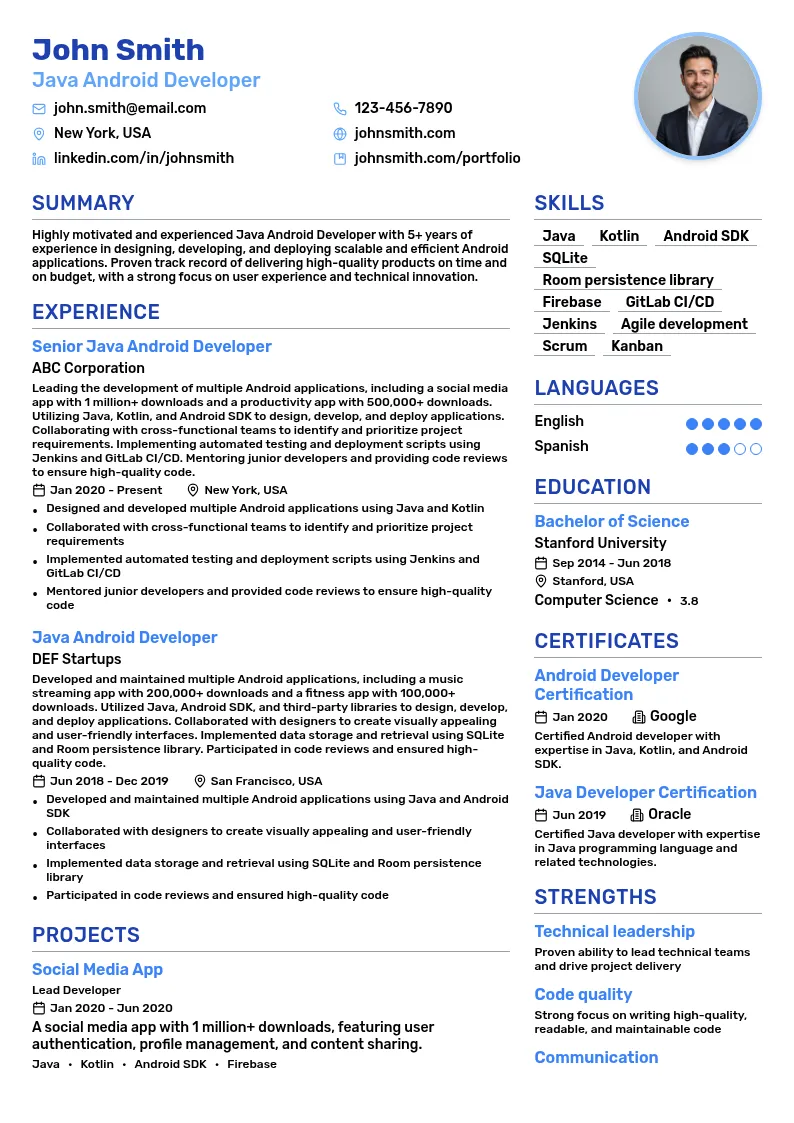 Java Android Developer resume example
