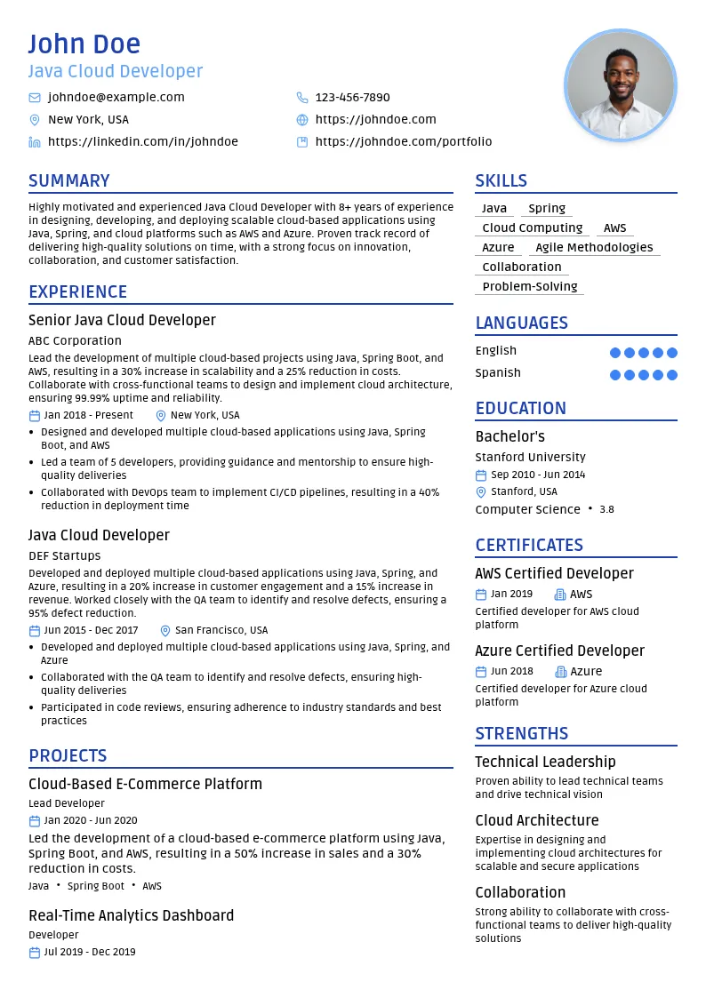 Java Cloud Developer resume example