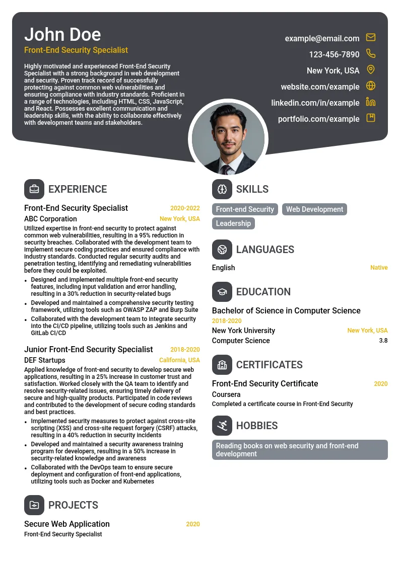 Front-End Security Specialist resume example