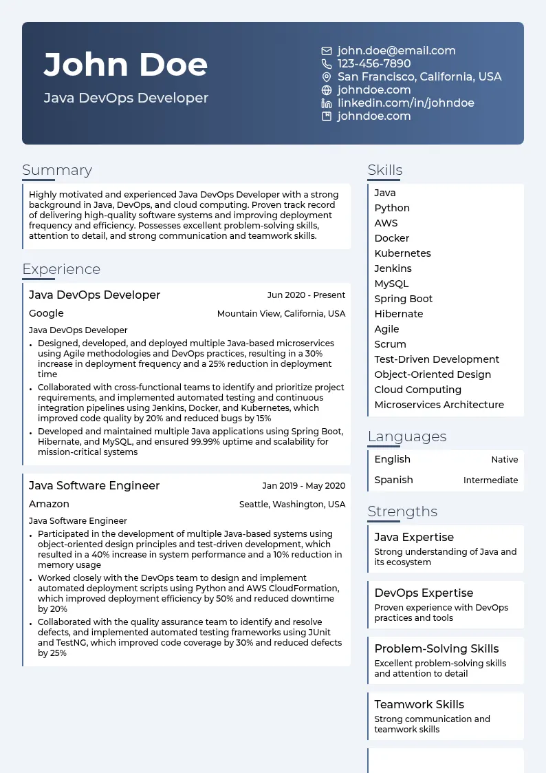 Java DevOps Developer resume example