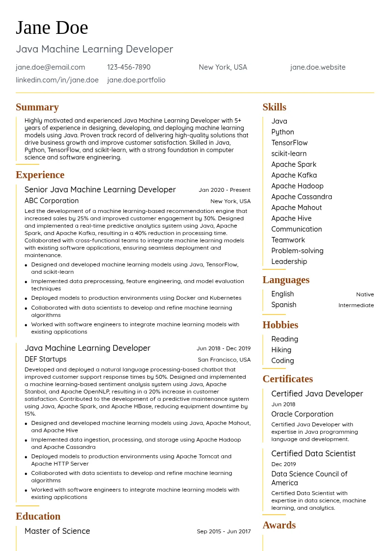 Java Machine Learning Developer resume example