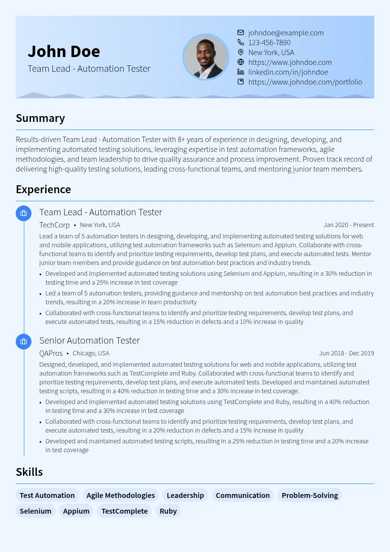 Team Lead - Automation Tester resume example