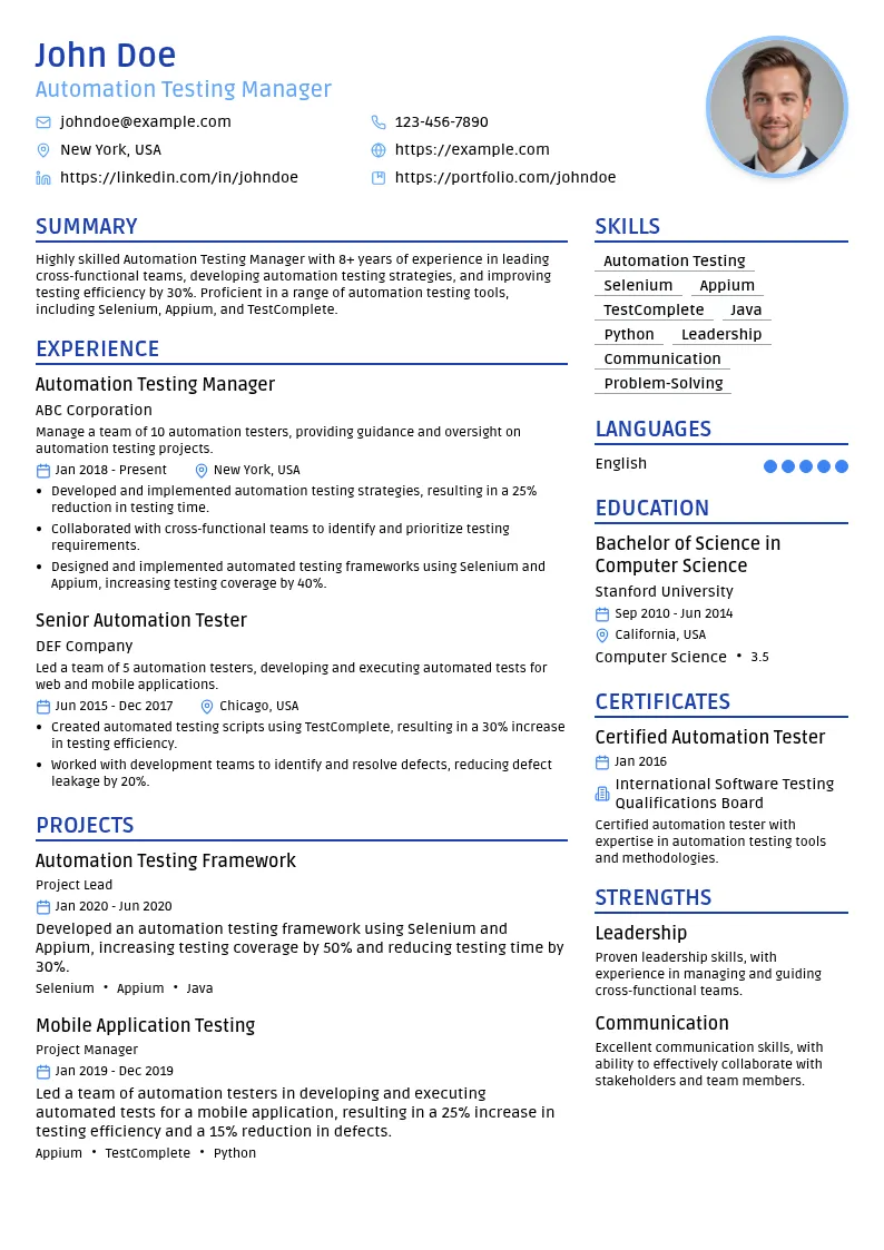 Automation Testing Manager resume example