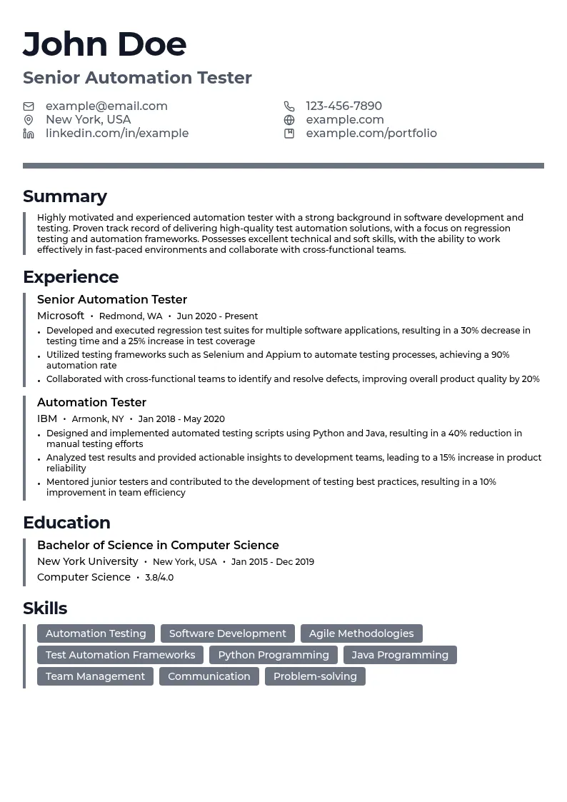 Regression Testing resume example
