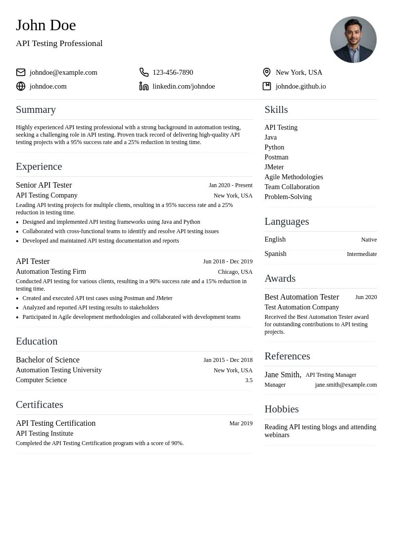 API Testing resume example