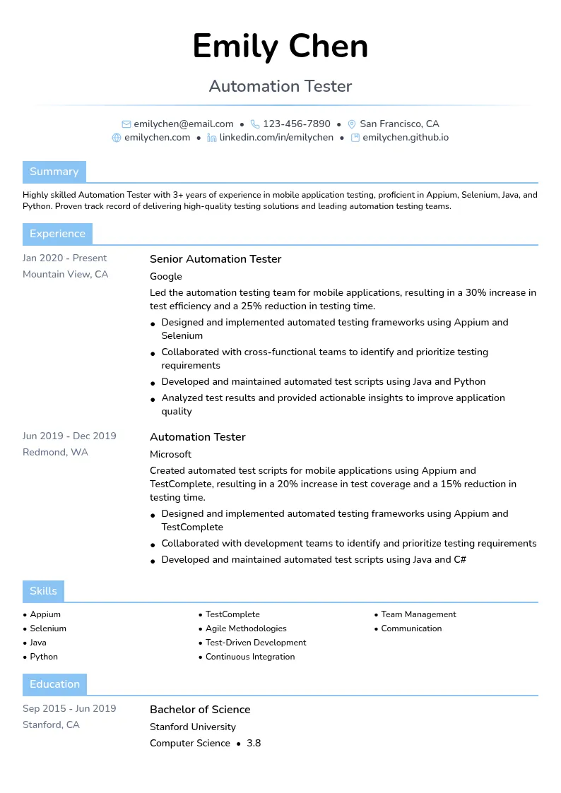 Mobile Application Testing resume example