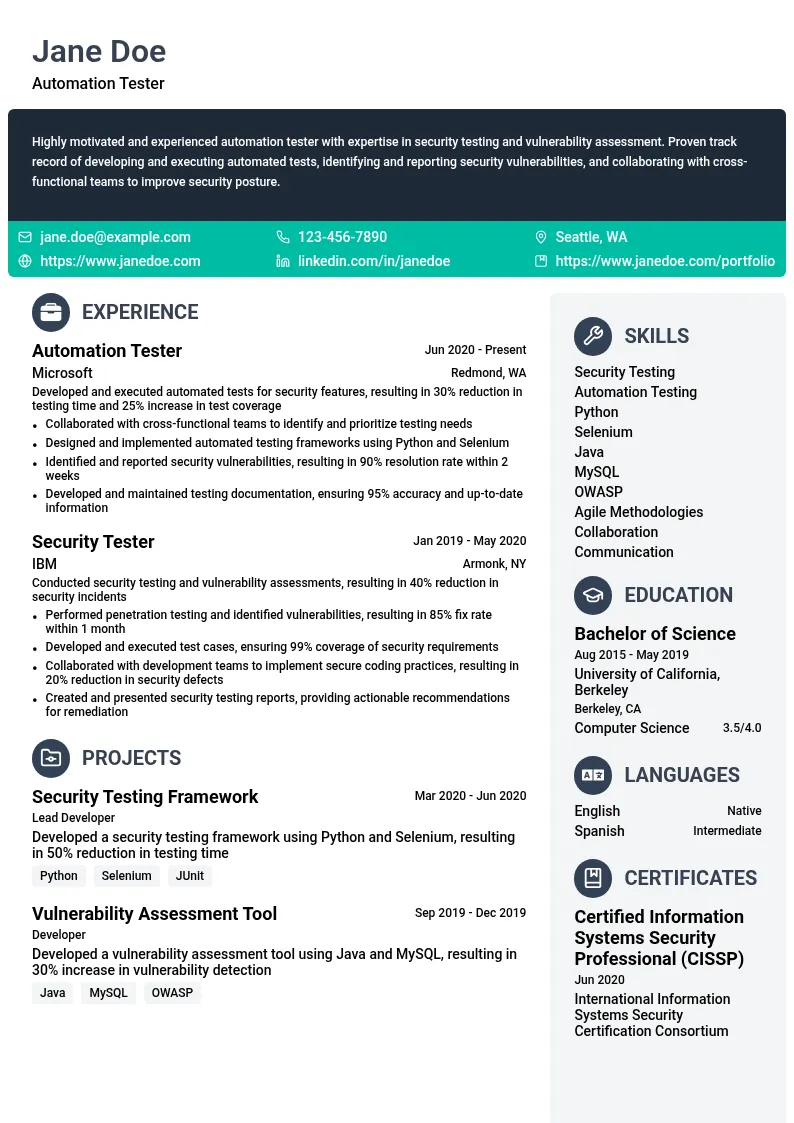 Security Testing resume example