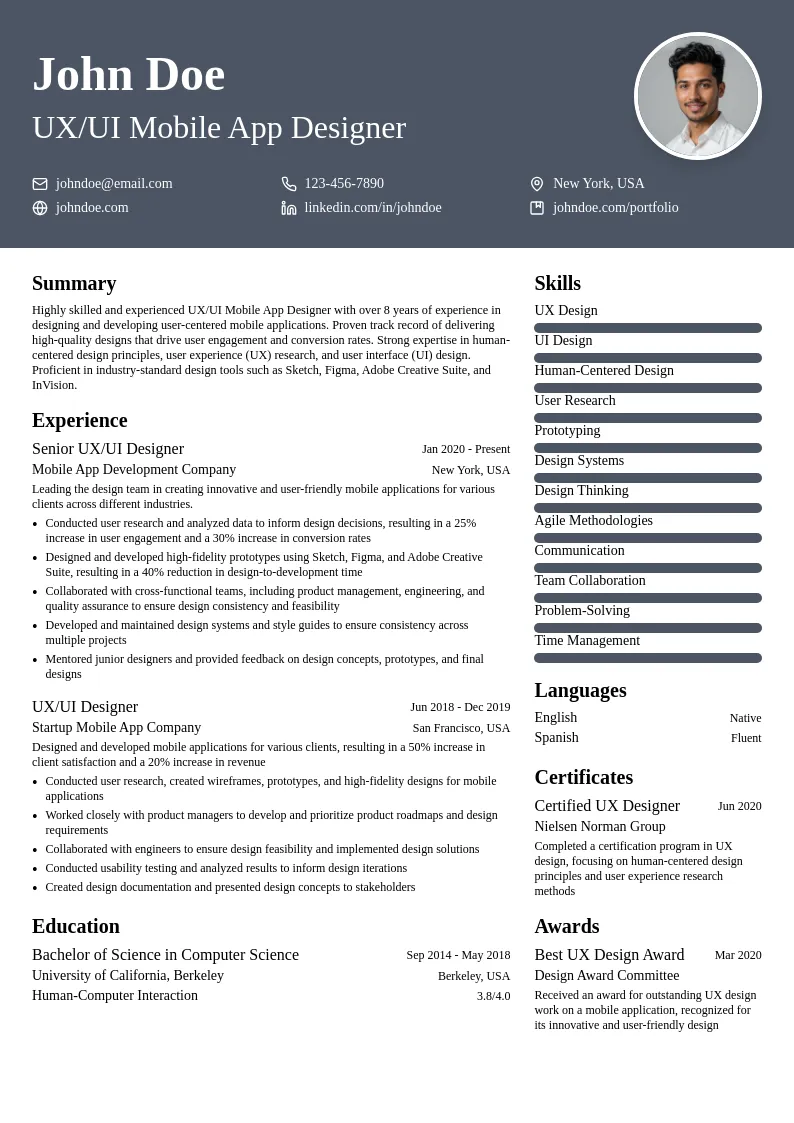 UX/UI Mobile App Designer resume example