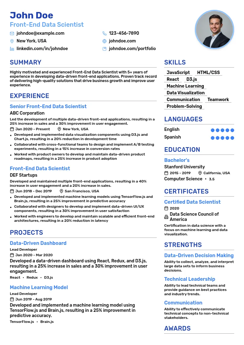 Front-End Data Scientist resume example