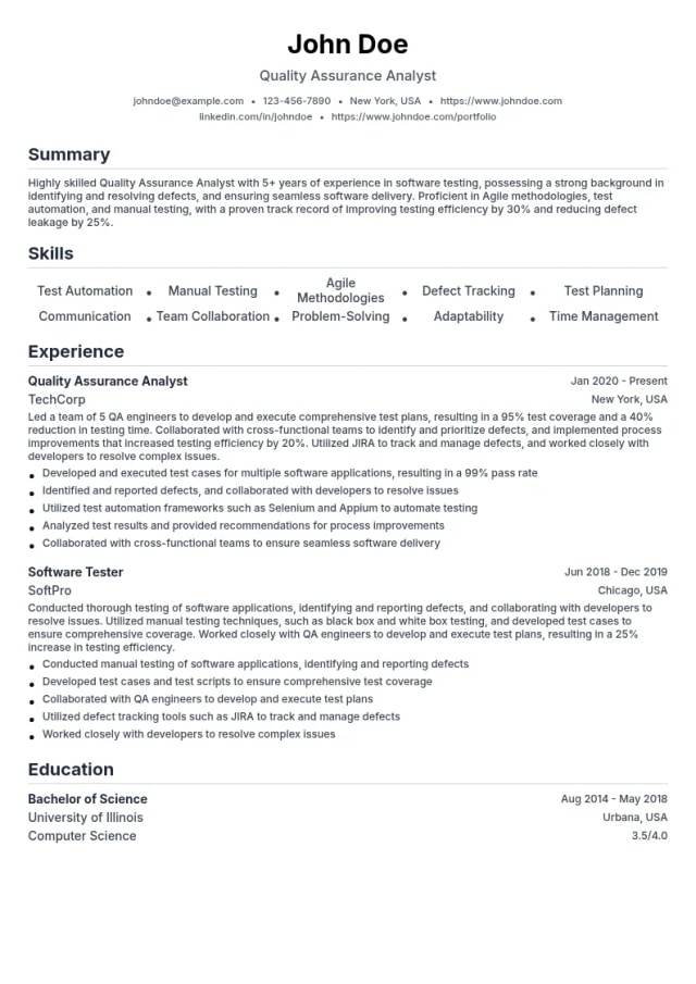 Quality Assurance Analyst resume example