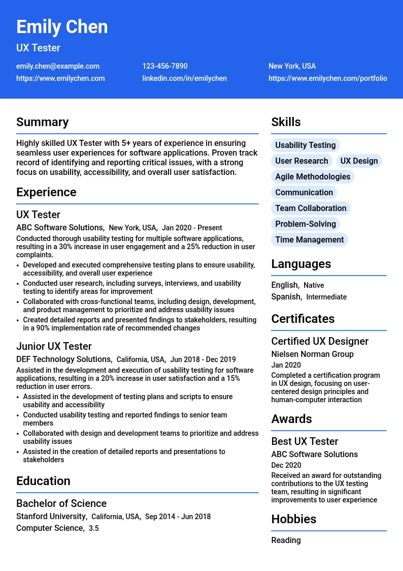  UX Tester resume example